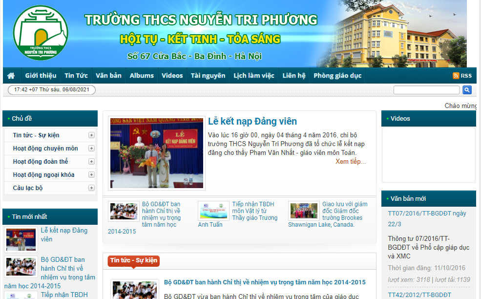 Giao diện website mẫu trường THCS Nguyễn Tri Phương