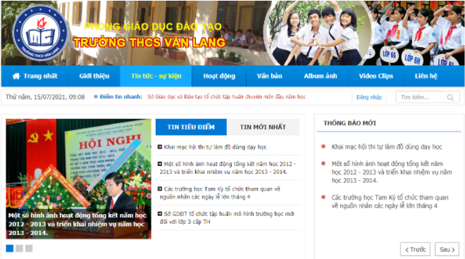 Giao diện website mẫu trường THCS Văn Lang