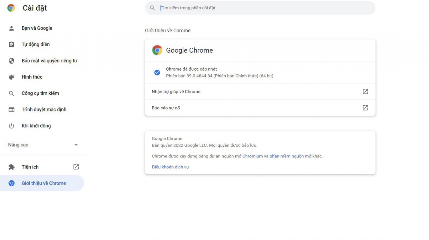Google Chrome của bạn đã được update thành công